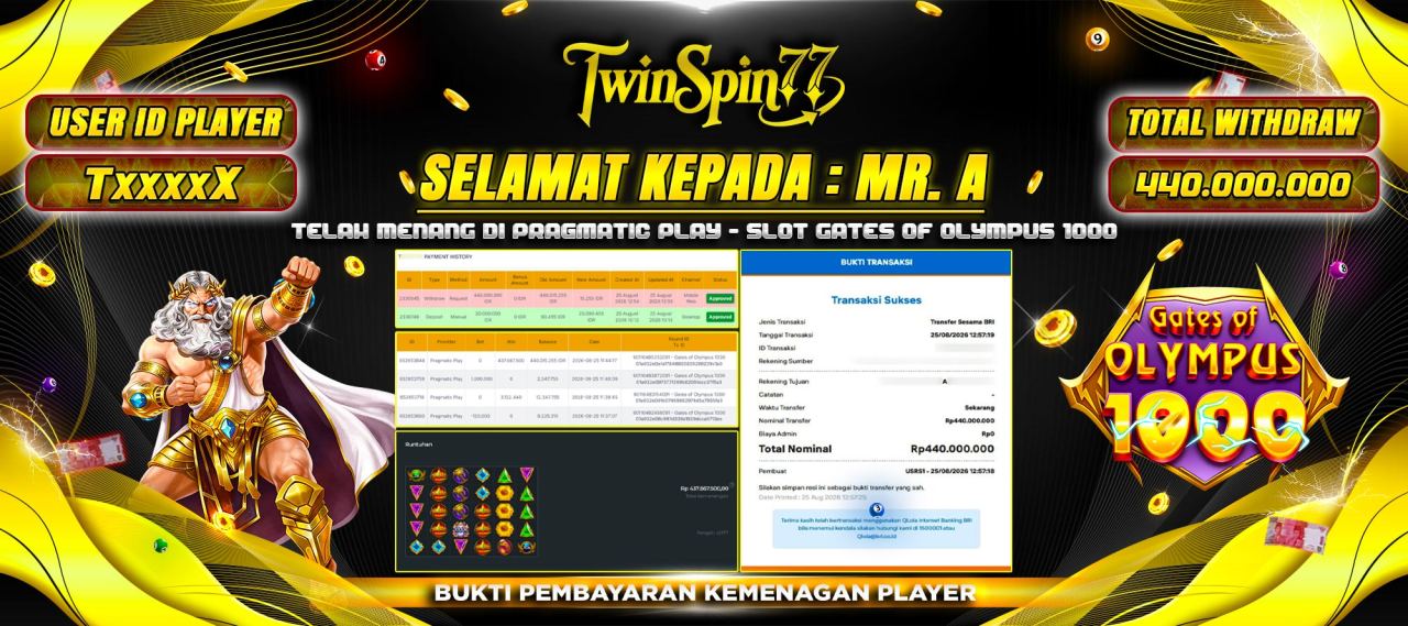 TWINSPIN77 JACKPOT SLOT GATES OF OLYMPUS 1000 Rp.440,000,000,-